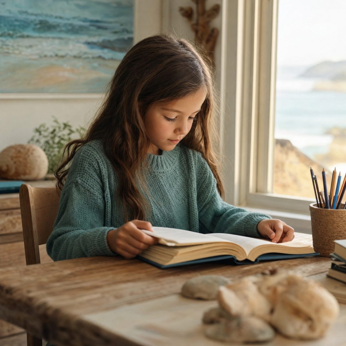 A child reading a book at a table