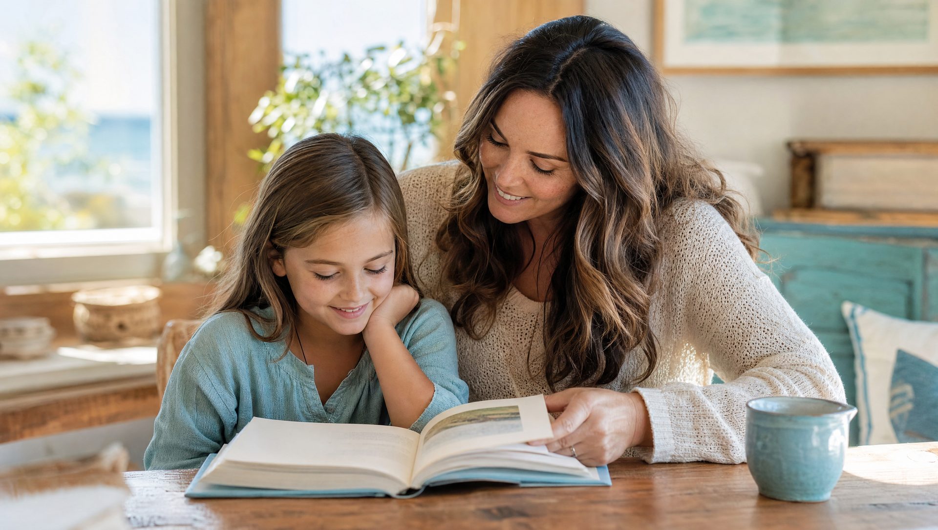 A mother and her daughter reading a book together at a sunlit table