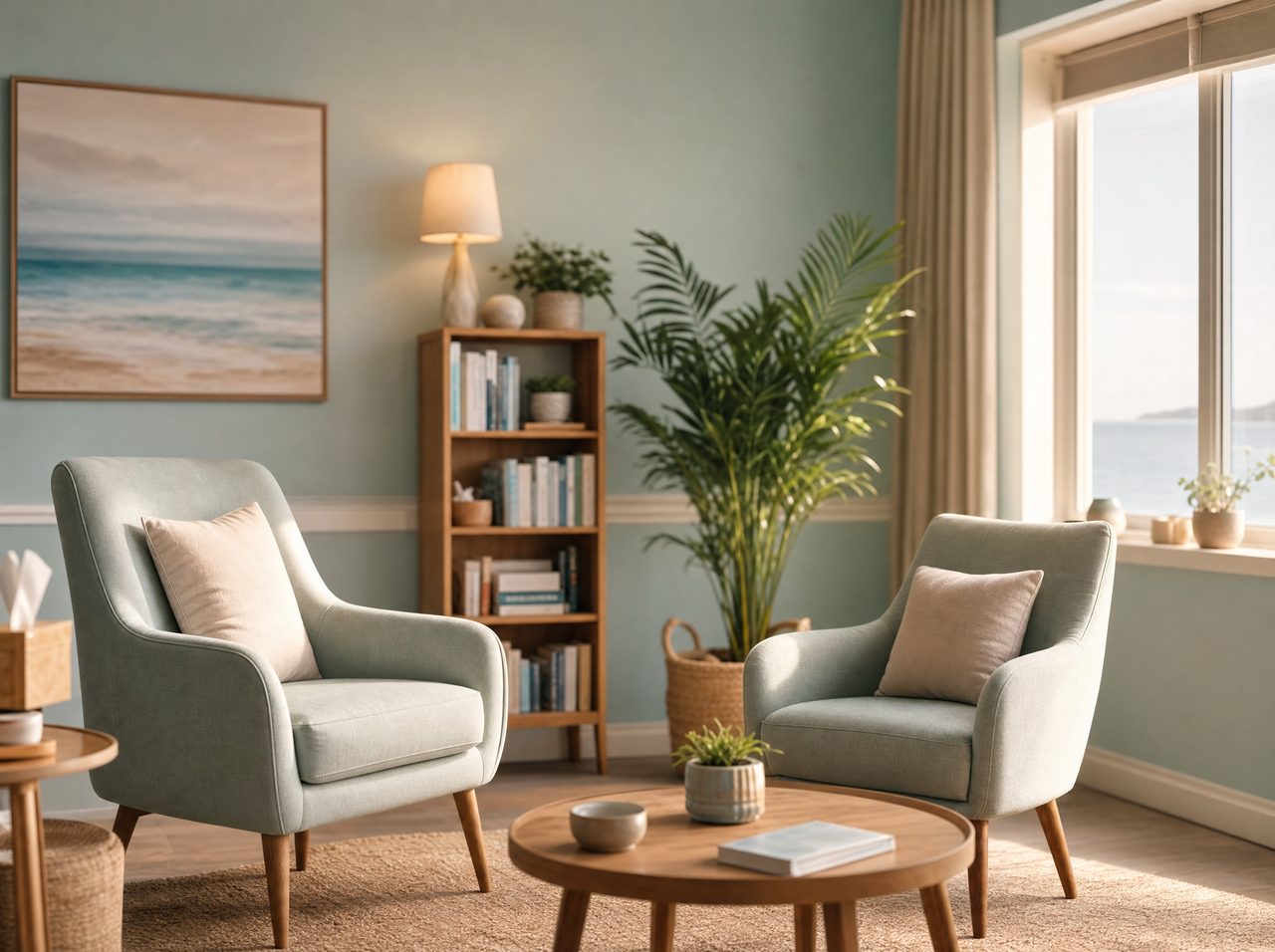 A calm, sunlit evaluation office with soft armchairs and a coastal view